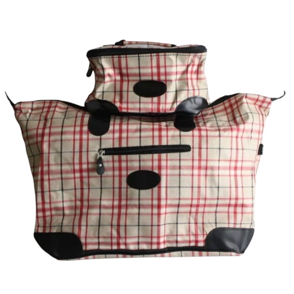 Two Piece Big Weekender Travel Luggage Bag Set Pink Khaki Plaid